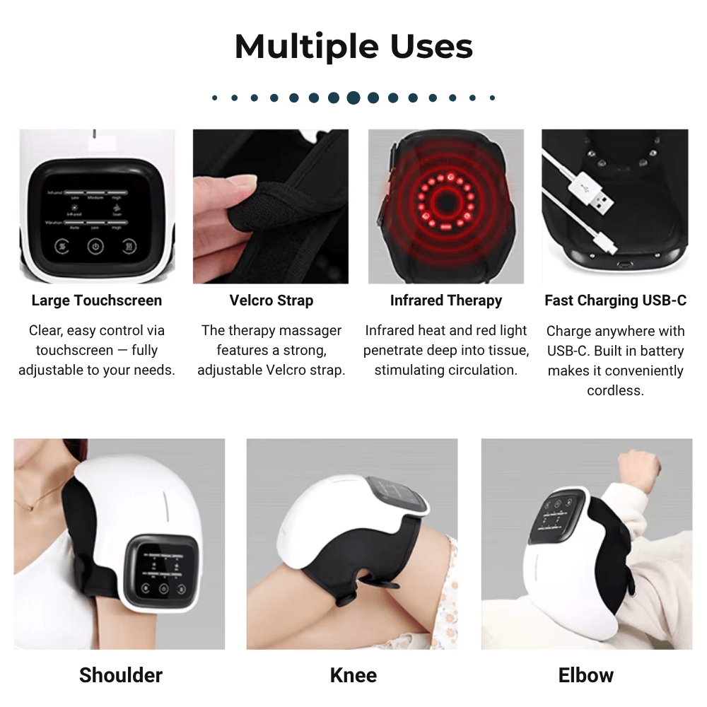 Multiple Uses - KneeJack - Large Touchscreen, Velcro Strap, Infrared Therapy, Fast Charging USB-C, Shoulder, Knee, Elbow